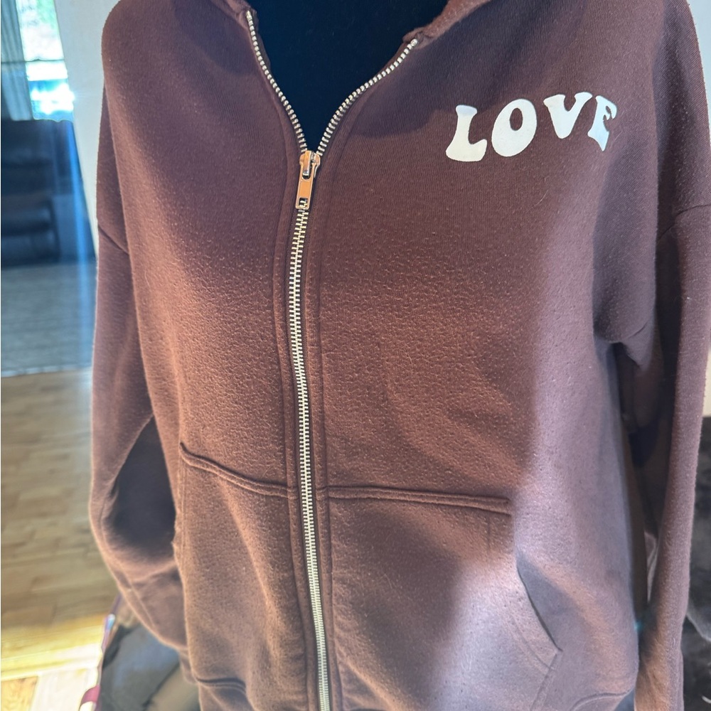 Brown Zip-Up Hoodie with 'LOVE' Print
